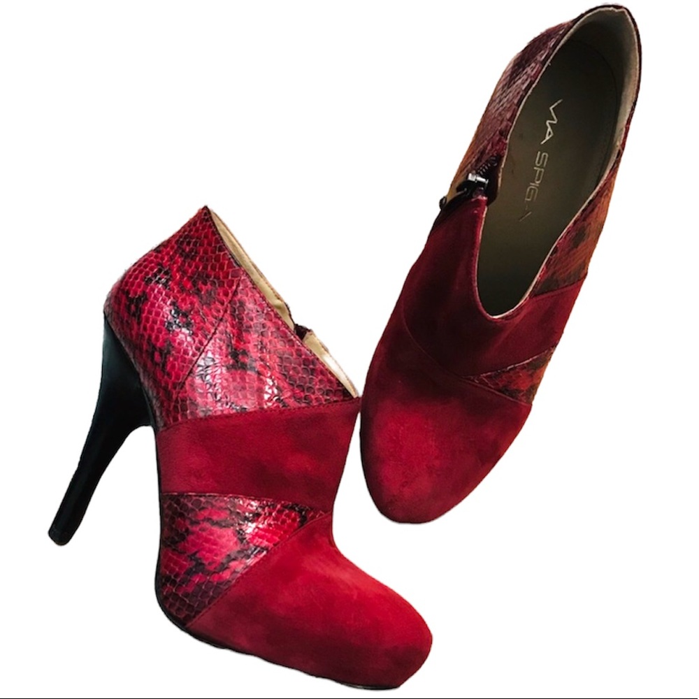 Via Spiga Red Suede Snake Print Heel Booties Sz 7M